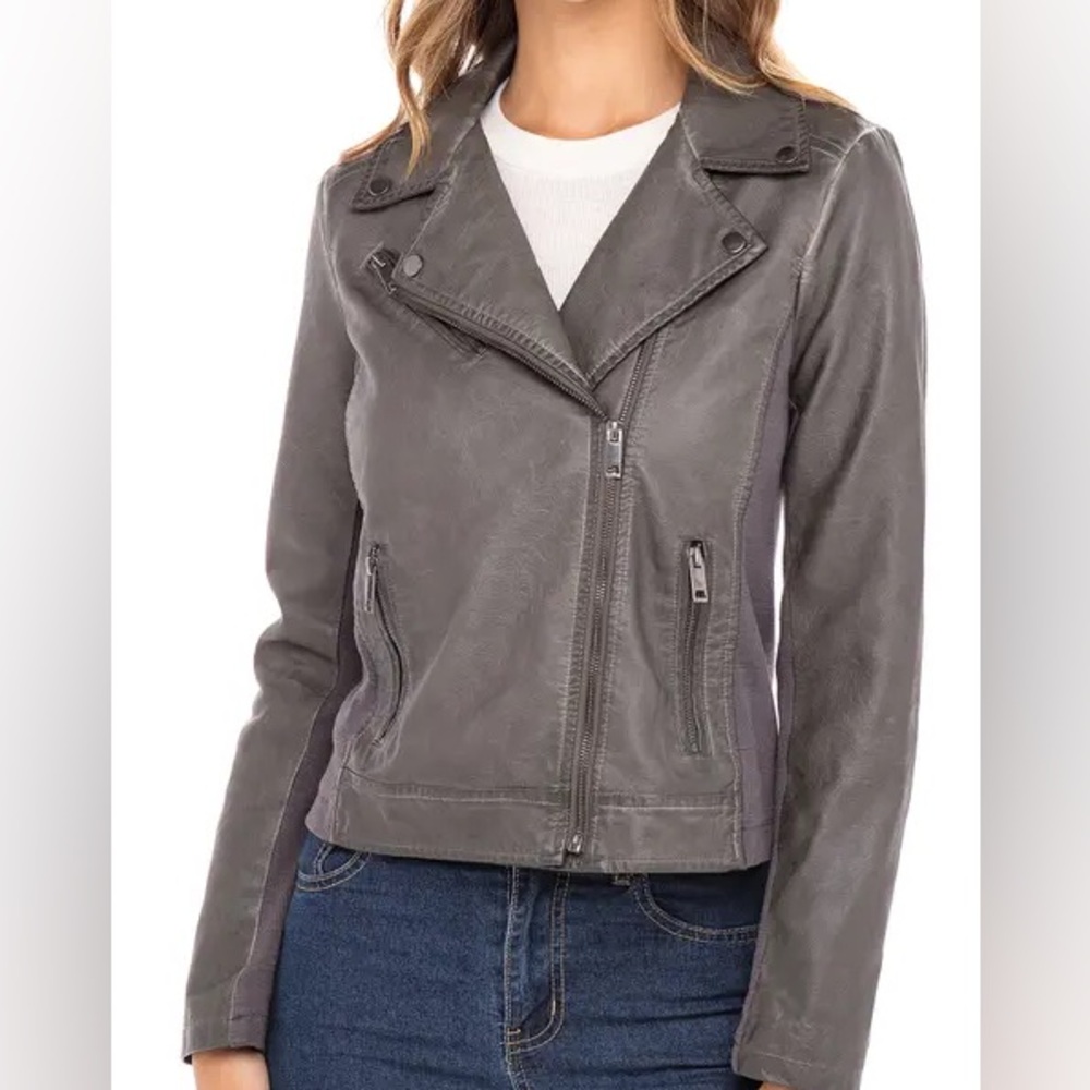 Grey Faux Leather Moto Jacket